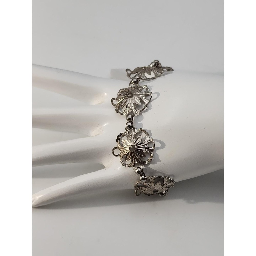 Vintage‎ Silver Tone Round Flowers Link 7" Bracelet - Picture 3 of 7